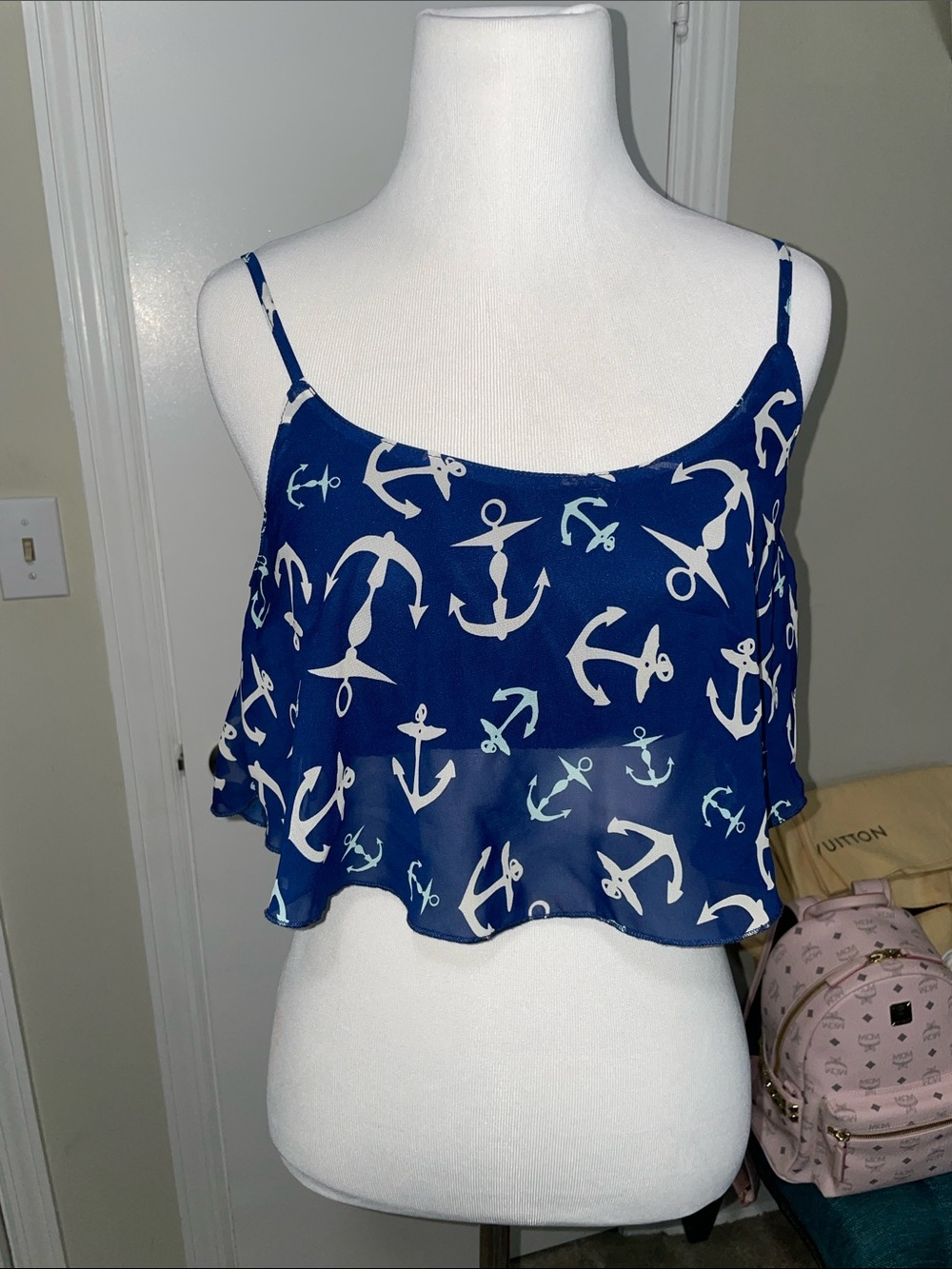 Navy Anchor Print Spaghetti Strap Crop Top